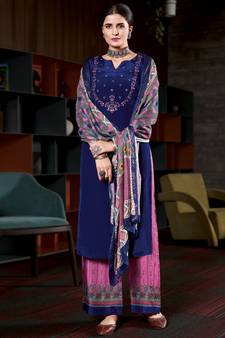 Royal blue embroidered pure crepe salwar