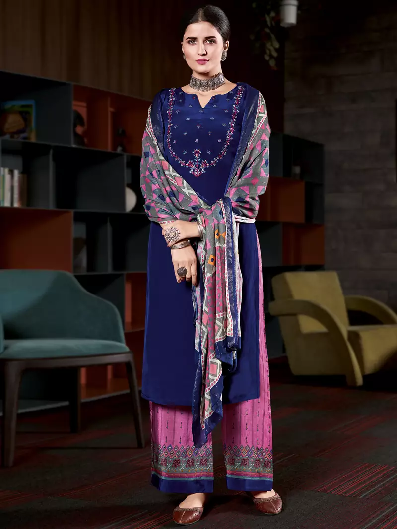 Royal blue embroidered pure crepe salwar