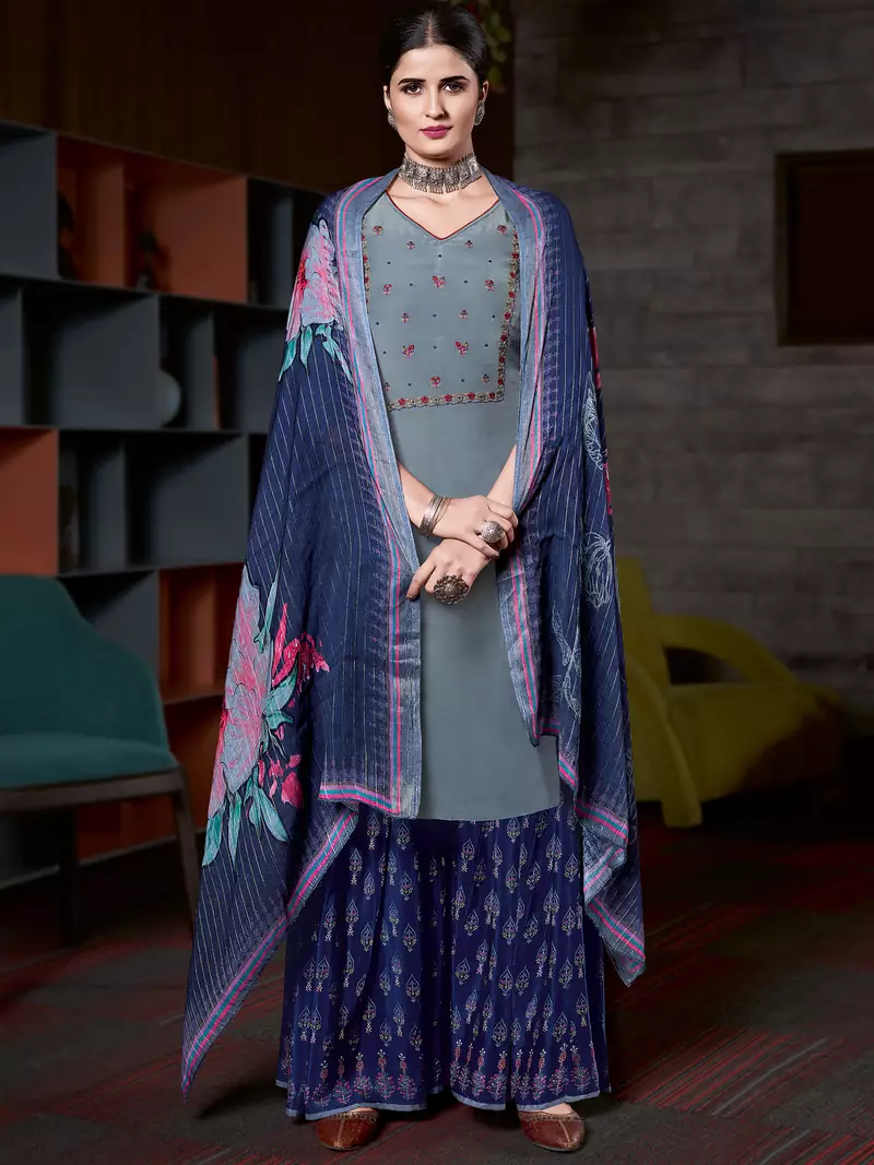 Grey embroidered pure crepe salwar