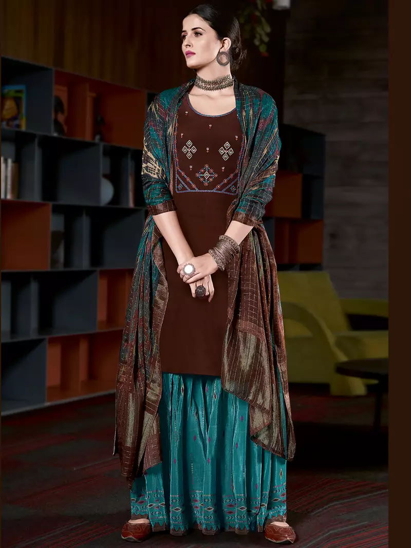 Brown embroidered pure crepe salwar
