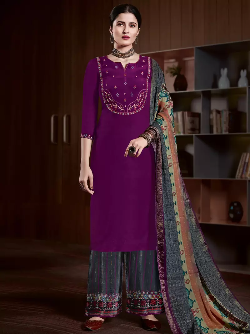 Purple embroidered pure crepe salwar