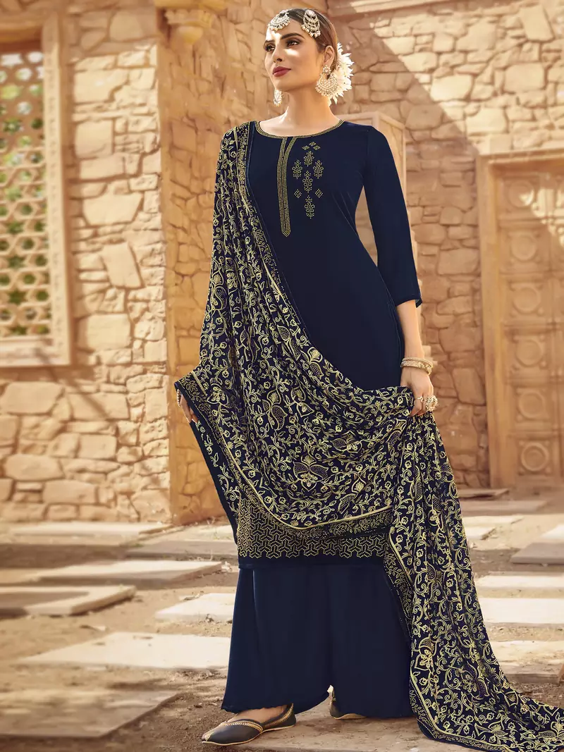 Navy blue embroidered georgette salwar