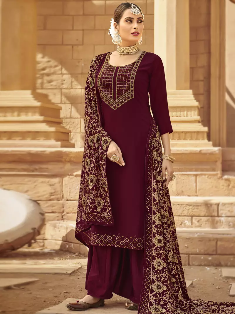 Maroon embroidered georgette salwar