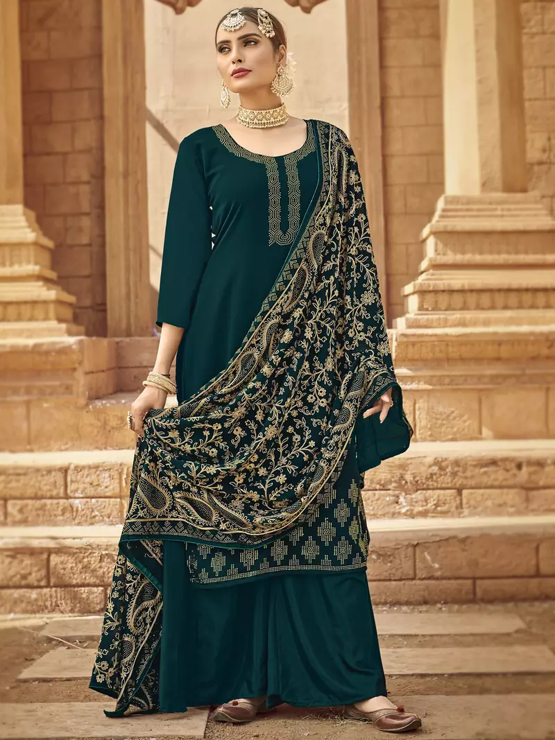 Teal embroidered georgette salwar