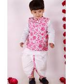 Bengali Kantha work floral Jacket with Kurta and Dhoti   Pink and White