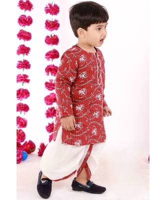 Bengali Kantha work floral kurta with Dhoti   Brown and White 1