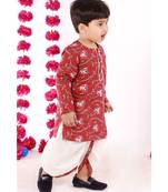 Bengali Kantha work floral kurta with Dhoti   Brown and White