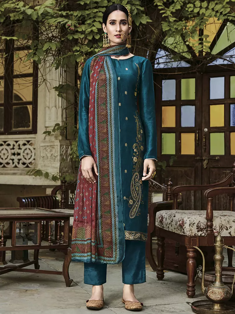 Teal jacquard jacquard salwar