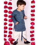 Bengali Kantha work floral kurta with Dhoti   Indigo and White