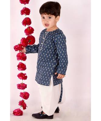 Bengali Kantha work floral kurta with Dhoti   Indigo and White 2