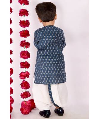Bengali Kantha work floral kurta with Dhoti   Indigo and White 3
