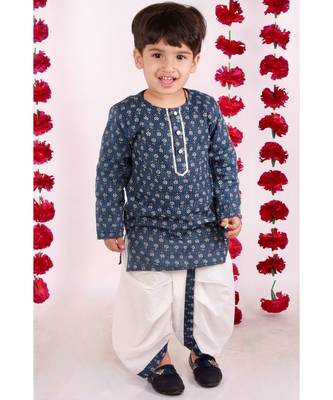 Bengali Kantha work floral kurta with Dhoti   Indigo and White 4