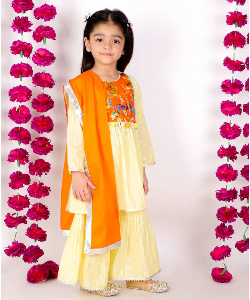 Embroidery Mirror work Kurta frock with Sharara and Dupatta   Yellow and Orange