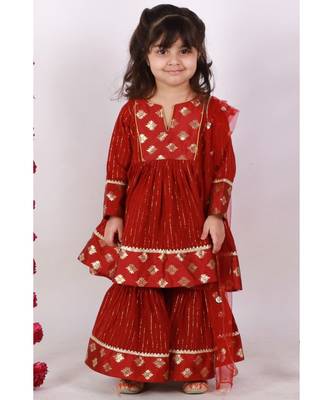 Brocade patch work Kurta Frock with Sharara and Dupatta   Maroon 1