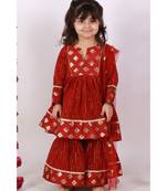 Brocade patch work Kurta Frock with Sharara and Dupatta   Maroon