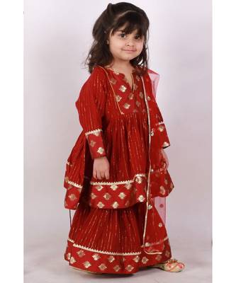 Brocade patch work Kurta Frock with Sharara and Dupatta   Maroon 2