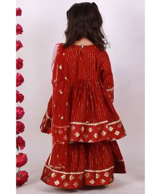 Brocade patch work Kurta Frock with Sharara and Dupatta   Maroon 3