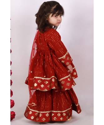 Brocade patch work Kurta Frock with Sharara and Dupatta   Maroon 4