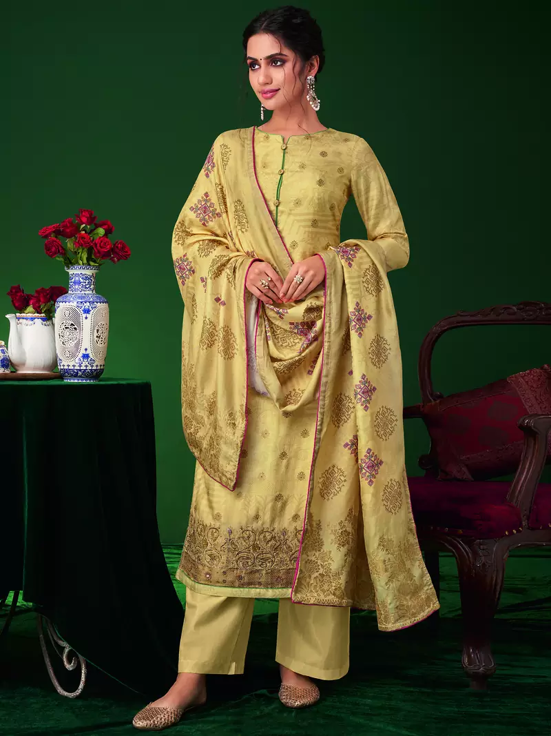 Yellow digital print jacquard salwar