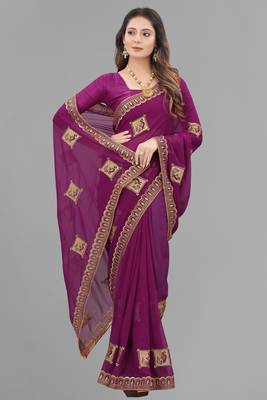 Purple embroidered faux georgette saree with blouse 1