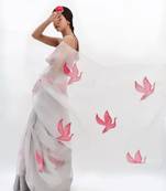 White printed organza saree with blouse