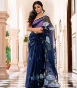 Navy blue printed organza saree with blouse