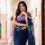 Navy blue printed organza saree with blouse