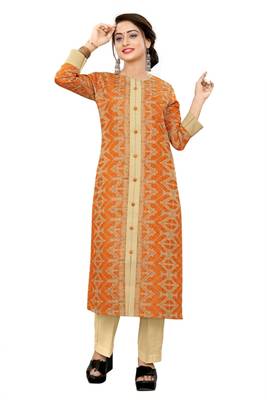 Orange embroidered viscose long-kurtis 1