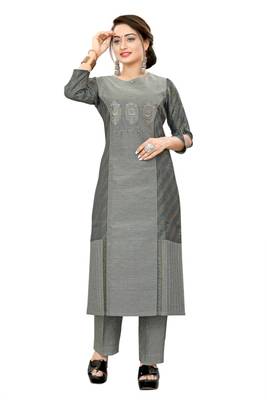Grey embroidered viscose long-kurtis 1