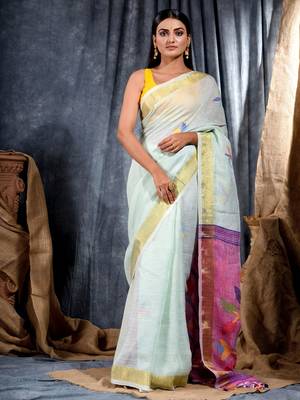 Sky blue woven linen saree with blouse 1