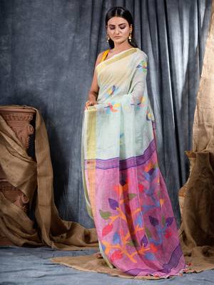 Sky blue woven linen saree with blouse 2