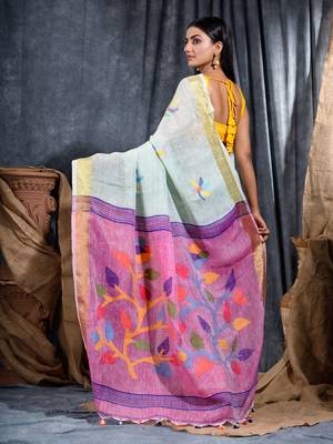 Sky blue woven linen saree with blouse 3