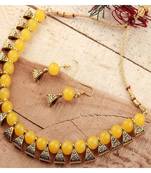 Exotic Yellow Beaded Gold-Plated Wedding Jewellery Choker Necklace Set for Women