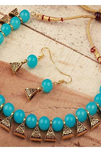 Exotic Sky Blue Beaded Gold Plated Wedding Jewellery Choker Necklace Set for Women
