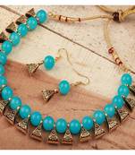 Exotic Sky Blue Beaded Gold Plated Wedding Jewellery Choker Necklace Set for Women