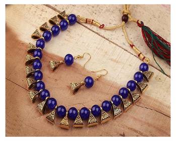 Exotic Blue Beaded Gold Plated Wedding Jewellery Choker Necklace Set for Women 1