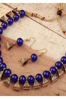 Exotic Blue Beaded Gold Plated Wedding Jewellery Choker Necklace Set for Women