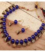Exotic Blue Beaded Gold Plated Wedding Jewellery Choker Necklace Set for Women