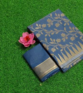 Blue woven cotton saree with blouse 5