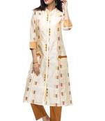 Cream printed viscose long-kurtis
