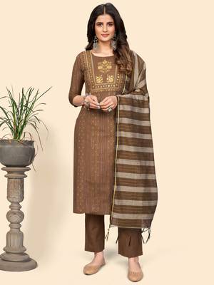 Print & Embroidered Straight Cotton Brown Stitched Kurta Pant With Dupatta 1