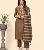 Print & Embroidered Straight Cotton Brown Stitched Kurta Pant With Dupatta