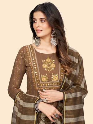 Print & Embroidered Straight Cotton Brown Stitched Kurta Pant With Dupatta 7