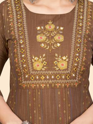 Print & Embroidered Straight Cotton Brown Stitched Kurta Pant With Dupatta 8