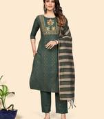 Print & Embroidered Straight Cotton Sea Green Stitched Kurta Pant With Dupatta