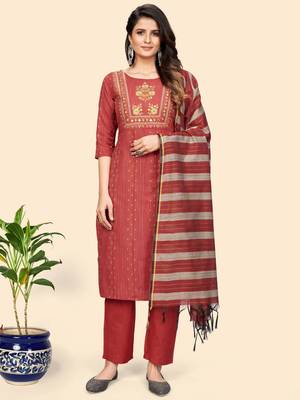 Print & Embroidered Straight Cotton Coral Stitched Kurta Pant With Dupatta 1