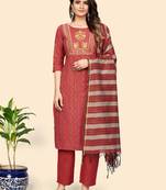 Print & Embroidered Straight Cotton Coral Stitched Kurta Pant With Dupatta