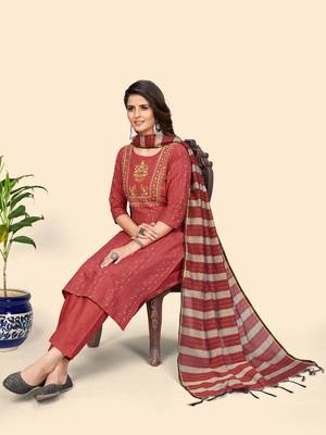Print & Embroidered Straight Cotton Coral Stitched Kurta Pant With Dupatta 3