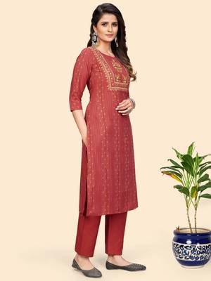 Print & Embroidered Straight Cotton Coral Stitched Kurta Pant With Dupatta 6