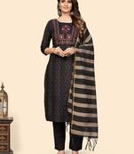 Print & Embroidered Straight Cotton Black Stitched Kurta Pant With Dupatta